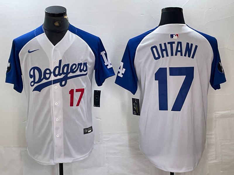 Men Los Angeles Dodgers 17 Ohtani White blue Fashion Nike Game MLB Jersey style 3